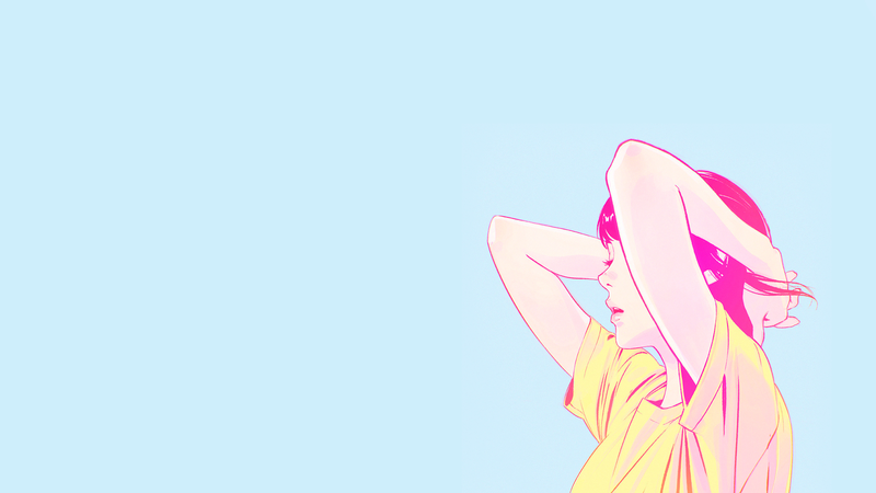 digital art, women, drawn, Ilya Kuvshinov, short hair, elbows, arms up, T-shirt, side view