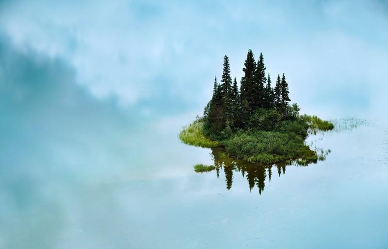 nature, island, clouds, trees, plants, water, reflection