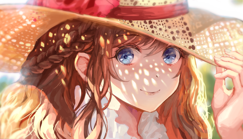 anime girls, anime, original characters, brunette, long hair, braided hair, blue eyes, looking at viewer, smiling, portrait, face, straw hat, hat, women with hats, bokeh, summer, outdoors, artwork, digital art, digital painting, illustration, 2D, Mai Okuma, hands, Pixiv