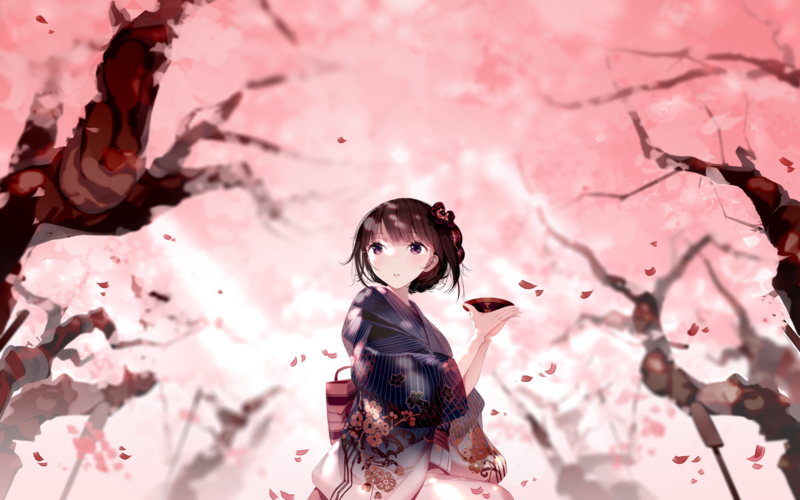 anime girls, original characters, anime, brunette, bangs, looking away, kimono, depth of field, cherry blossom, spring, trees, artwork, digital art, drawing, 2D, illustration, Atha