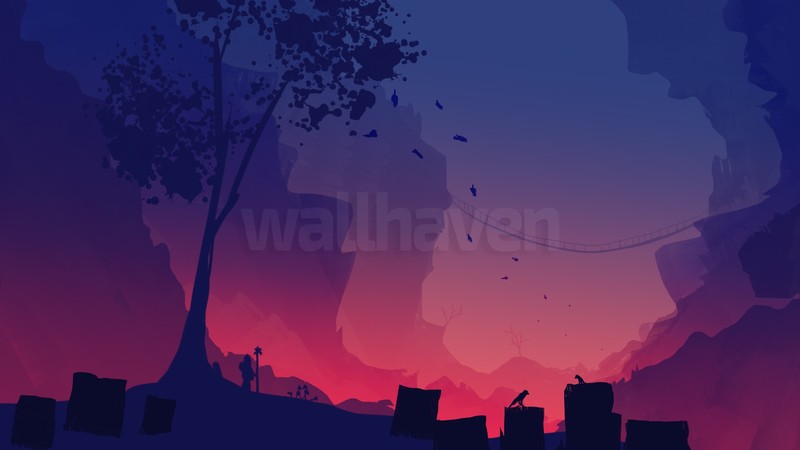 digital art, wallhaven, painting, trees, mountains, leaves, colorful, bridge