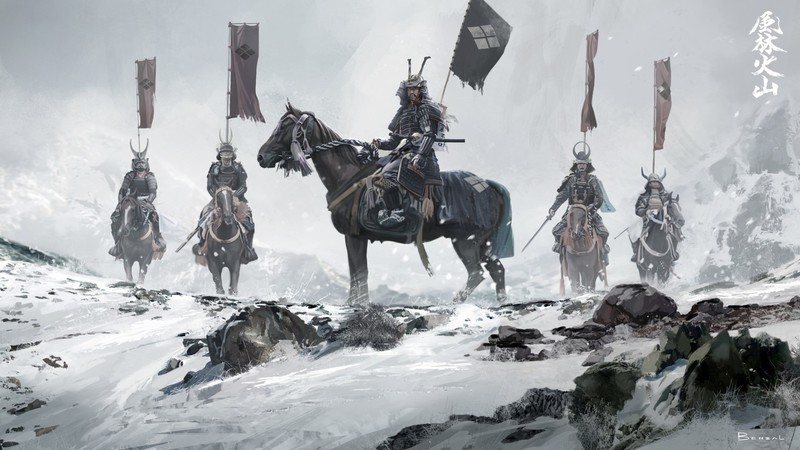 fantasy art, samurai, artwork, horse, snow, mountains, banner, David Benzal