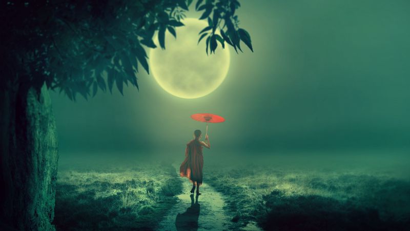 boy, monk, fog, moon, child, umbrella, buddhism, 4k