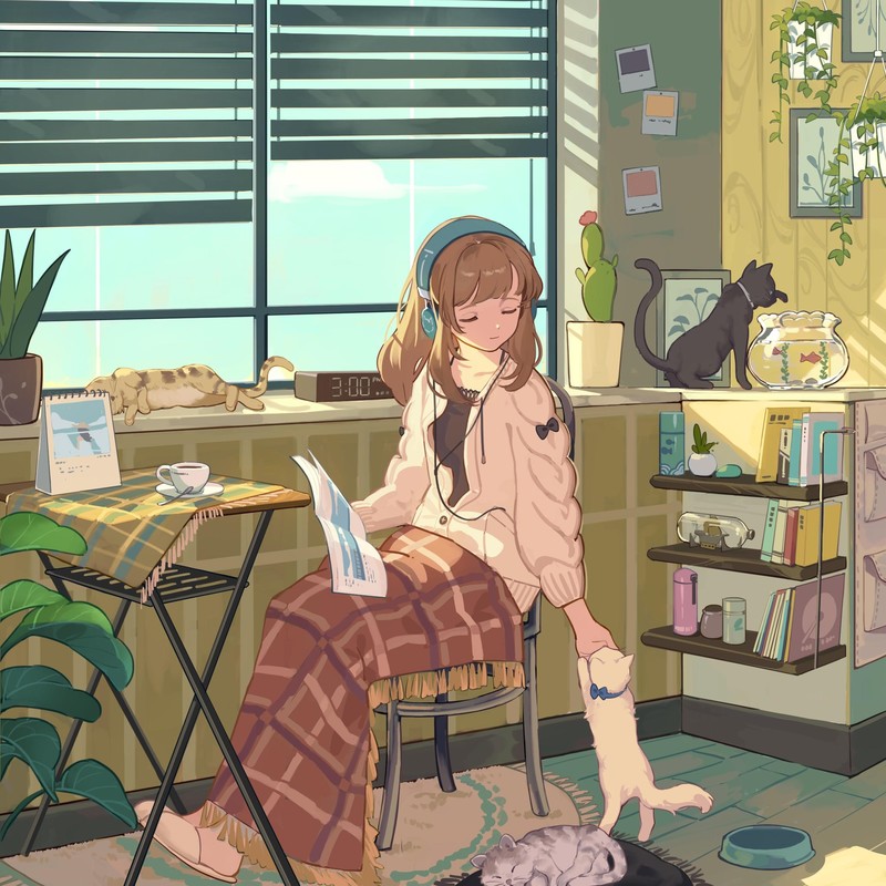 anime, anime girls, indoors, headphones, cats, animals, brunette, sitting