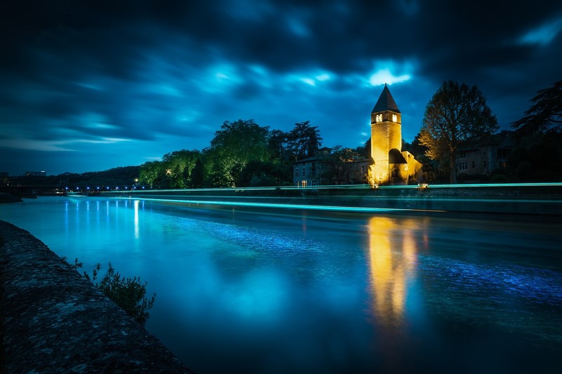 France, water, dark, building, Lyon, night, river, blue, clouds, light trails