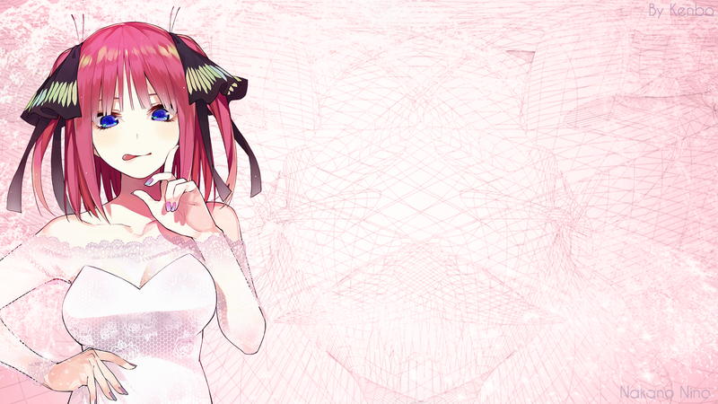 5-toubun no Hanayome, anime girls, Nakano Nino, picture-in-picture, anime, purple eyes, blue eyes, shades, dress, headband, wedding dress, white dress, redhead, pink hair, twintails, smiling, 2D, tongue out