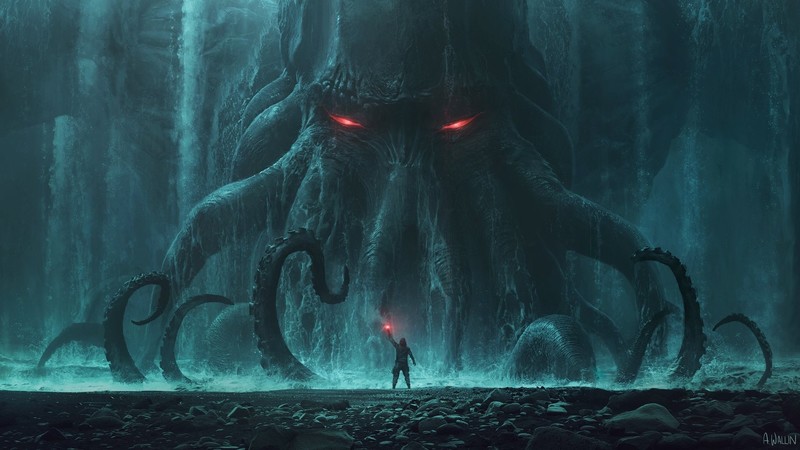 artwork, digital art, dark, Cthulhu, red eyes, creature, horror, flares