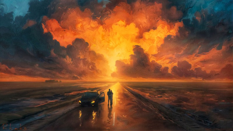 illustration, sky, sunset, car, painting, artwork, fantasy art, RHADS, vehicle, road