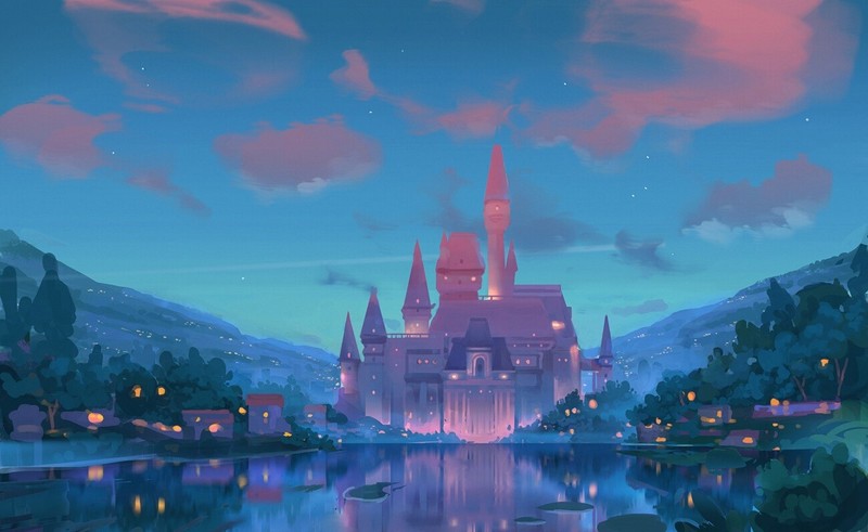 castle, artwork, sky, lake, fantasy art, cyan