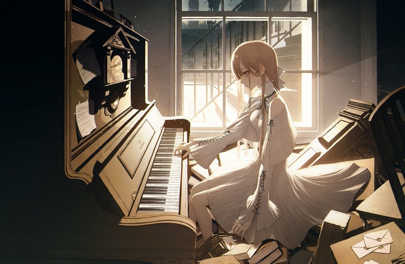 anime girls, anime, original characters, piano, blond hair, wanke