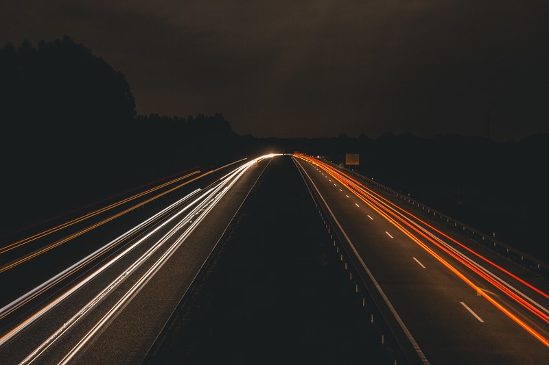 road, highway, night, photography, light trails