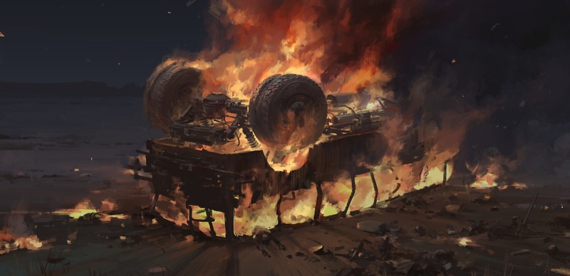 visual novel, creepy, vehicle, wreck, fire, burning, car