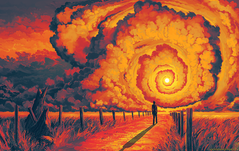 fantasy art, clouds, field, surreal, Sun, spiral, tree stump, digital art, storm, artwork