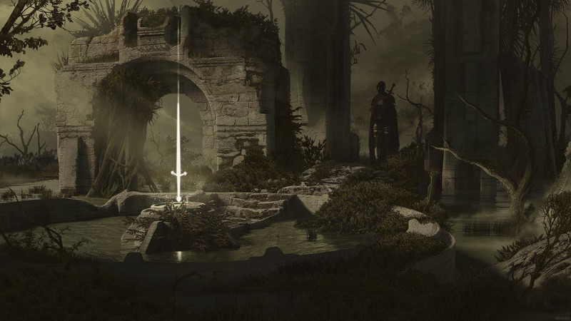 sword, fantasy art, adventurers, swamp, environment, warrior, arch, ruins