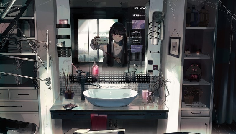 anime, anime girls, telephone, shirt, long hair, red eyes, bathroom, mirror