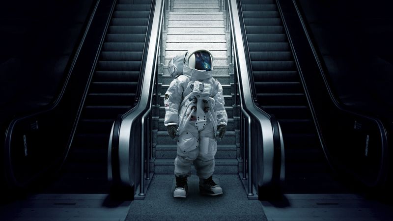 astronaut, cosmonaut, spacesuit, escalator, stairs, 4k