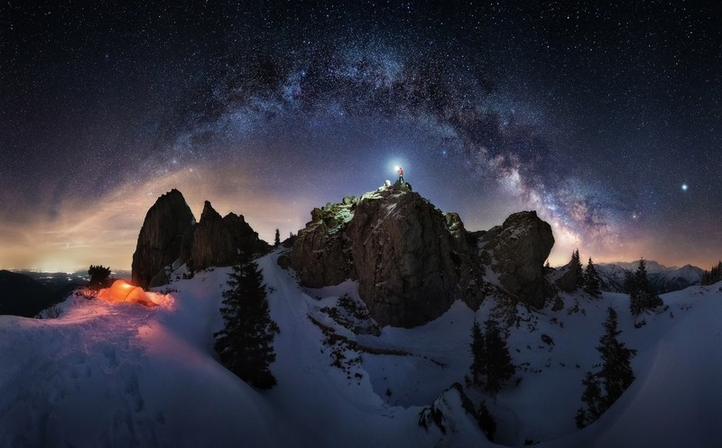 nature, winter, snow, sky, night, stars, landscape, mountains, camping, aurorae