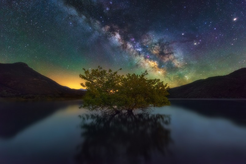 sky, water, trees, nature, stars, reflection, night sky