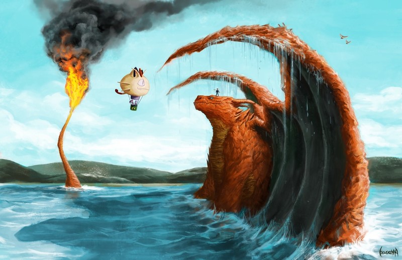 artwork, fantasy art, Pokémon, Charizard, fire, Meowth, sea