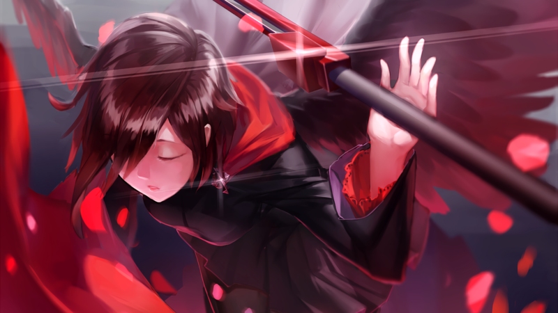 red, black hair, closed eyes, weapon, scythe, Black clothes, RWBY, Ruby Rose (character)