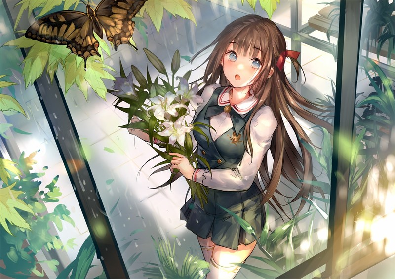 anime, butterflies, anime girls, flowers, plants, brunette, butterfly, blue eyes, long hair