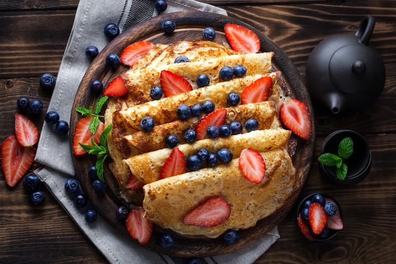 food, fruit, berries, strawberries, crepes, blueberries, mint leaves, wooden surface, napkin