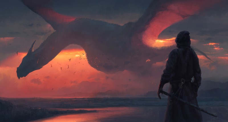 dragon, sunset, warrior, Swang