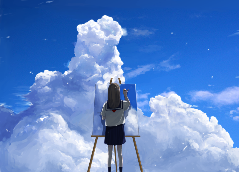 anime, anime girls, school uniform, sky, clouds, original characters, summer, drawing