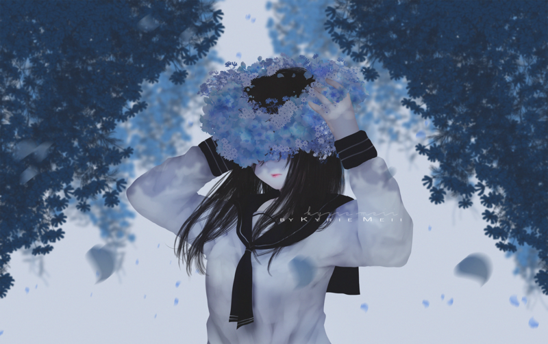 black hair, flower crown, sailor uniform, schoolgirl, wind, petals