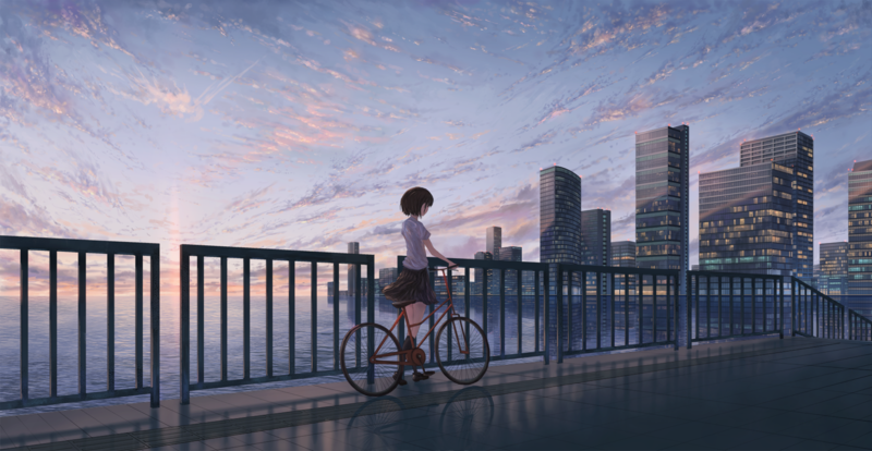 anime, anime girls, original characters, short hair, dark hair, bicycle, sky, clouds, city, moescape