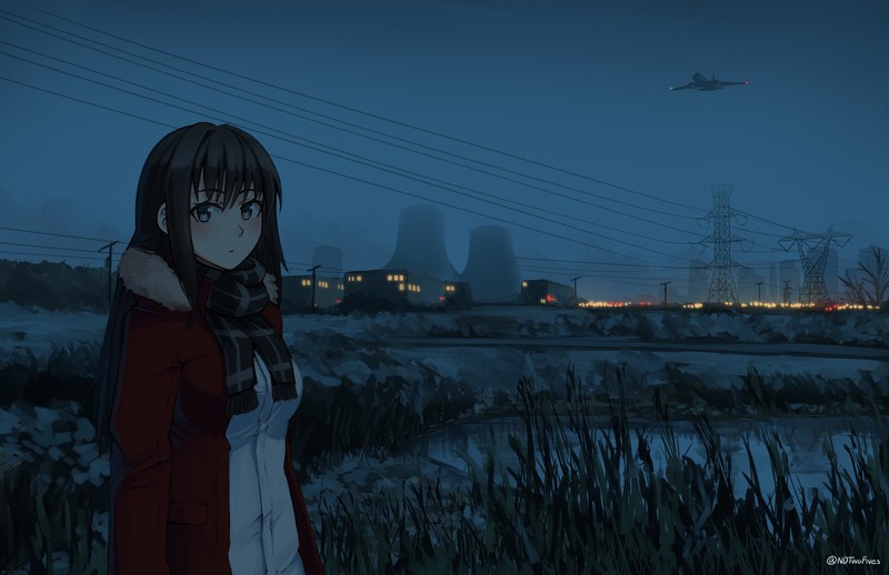 moescape, anime, winter, black hair, scarf, power plant