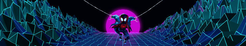 wide angle, multiple display, neon, synthwave, Spider-Man, into the spiderverse