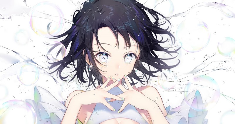 anime girls, anime, original characters, black hair, simple background