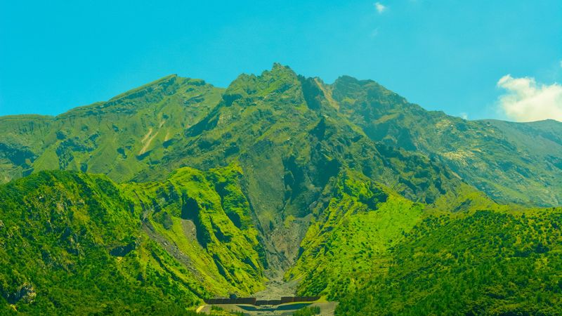 volcano, mountain, trees, grass, green, japan, 4k
