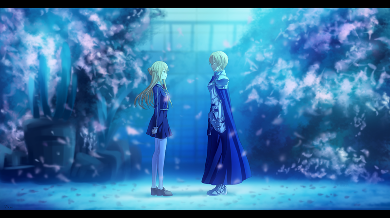 Fate/Prototype, Sword Art Online Alicization, Sword Art Online, school uniform, fantasy armor, 2D, Yuuki Asuna, Eugeo, crossover, anime girls, anime boys, Sakura blossom, armor, JK, long hair, short hair, blond hair, braids, thighs, big boobs, yellow eyes, night, fan art, Fate Series