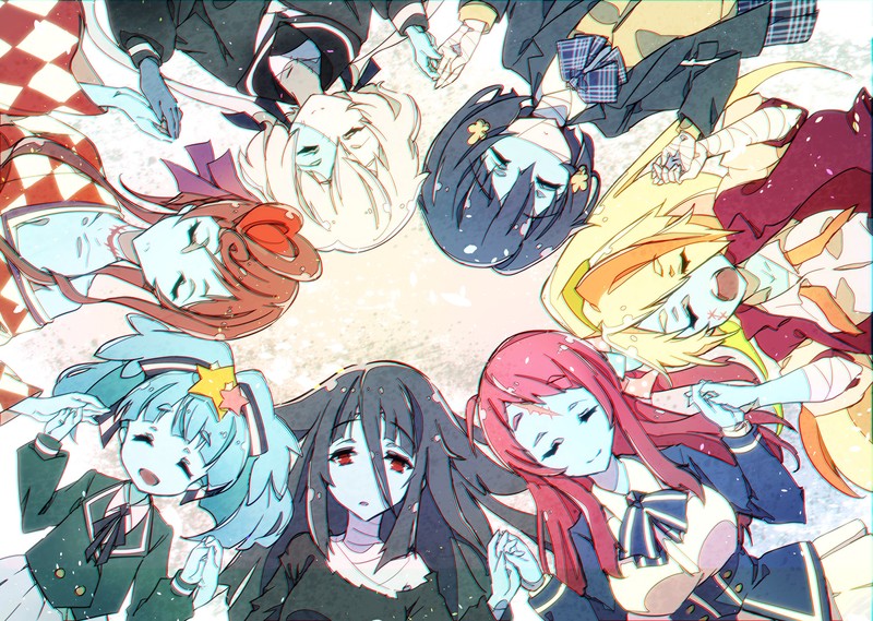 Zombieland Saga, anime girls, long hair, 2D, school uniform, Japanese kimono, short hair, blond hair, black hair, redhead, blue hair, grey hair, Zombie 1 / Sakura Minamoto, Zombie 3 / Ai Mizuno, Zombie 4 / Junko Konno, Zombie 0 / Tae Yamada, Zombie 6 / Lily Hoshikawa, Zombie 5 / Yugiri, Zombie 2 / Saki Nikaidou, pale, monster girl, closed eyes