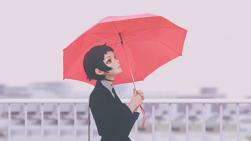Ilya Kuvshinov, women, short hair, brunette, umbrella, outdoors, railing, railings, choker, jacket
