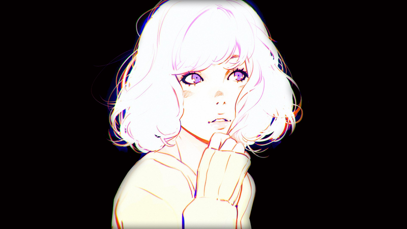 Ilya Kuvshinov, women, short hair, simple background, black background, sweater, digital art, contrast