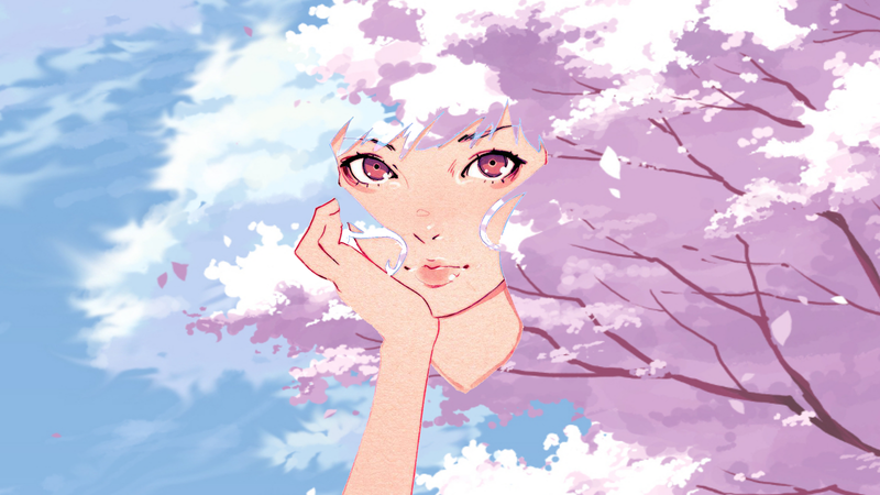Ilya Kuvshinov, women, hand on face, cherry blossom, trees, sky, digital art