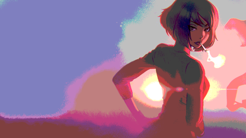 Ilya Kuvshinov, women, short hair, brunette, smoking, looking back, digital art, back, hands on hips