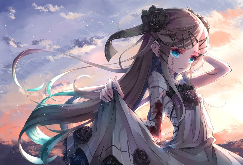 anime, anime girls, long hair, blue eyes, original characters, sky, clouds, sunset