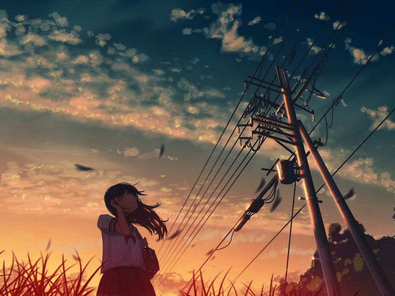 anime, anime girls, sky, clouds, summer, sunset, utility pole, moescape