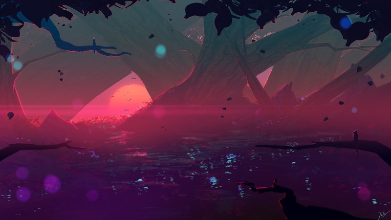 JoeyJazz, forest, fantasy art, sunset, nature