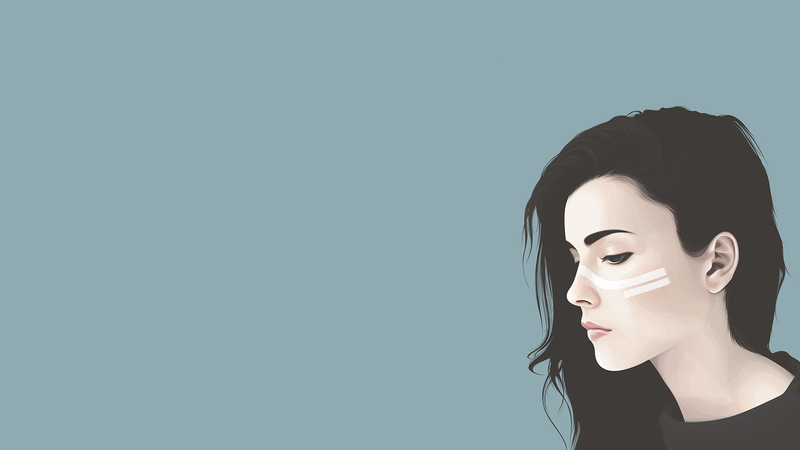 brunette, drawn, women, simple background, side view, face paint, looking away, digital art