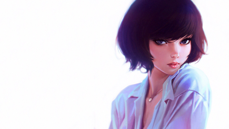 drawn, women, simple background, short hair, Ilya Kuvshinov, white shirt, white background, necklace, digital art, bob hairstyle, brunette, Elizabeth (BioShock)