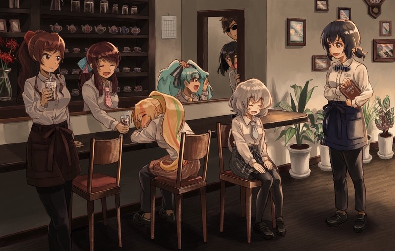 anime girls, coffee house, waitress, blue hair, grey hair, brunette, ponytail