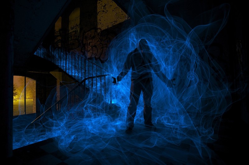 men, dark, ruin, blue, digital art, night, creepy
