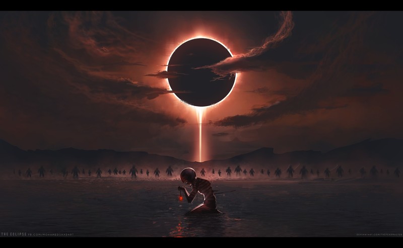 Berserk, Black Swordsman, demon, solar eclipse, Griffith, Behelit, watermarked, 2D, anime boys, lake, armor, bandage