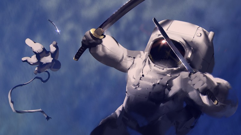 artwork, digital art, astronaut, katana, sword, Duel