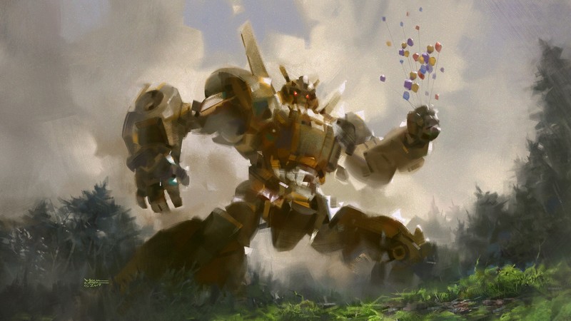artwork, digital art, Robots, balloon, forest, clouds